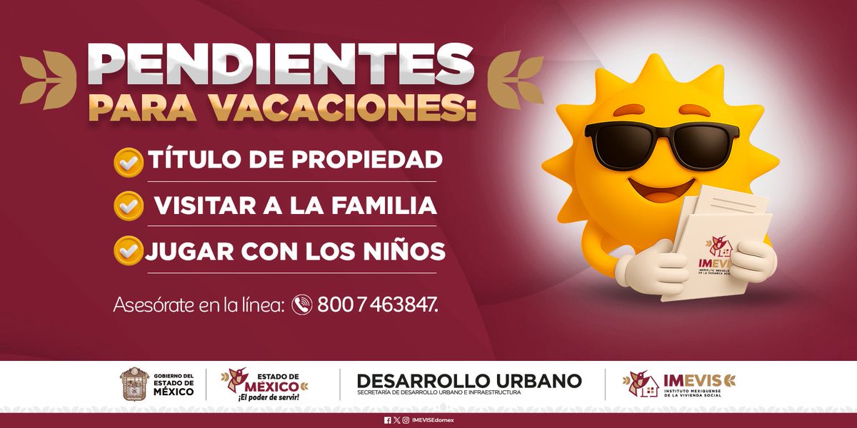 IMEVISedomex's tweet photo. Que estas vacaciones, tener un hogar regularizado no sea un pendiente. ☀️
Tramita tu título de propiedad y ten una preocupación menos en que pensar.
Llama a nuestra línea 800 7 463847. ☎️
#EIPoderDeServir https://t.co/ppf3VZwkYv