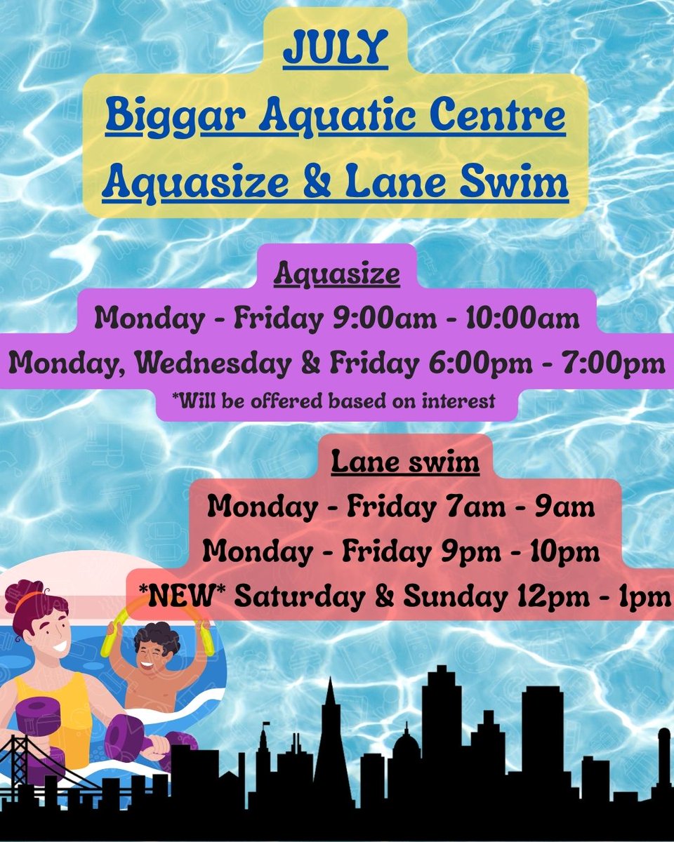 Check out the July Aquasize and Lane Swim Times at Biggar Aquatic Centre. 
Please note new weekend lane swim times 12pm-1pm (exception July 13 - no lane swim)
These hours will begin June 28th - join us!