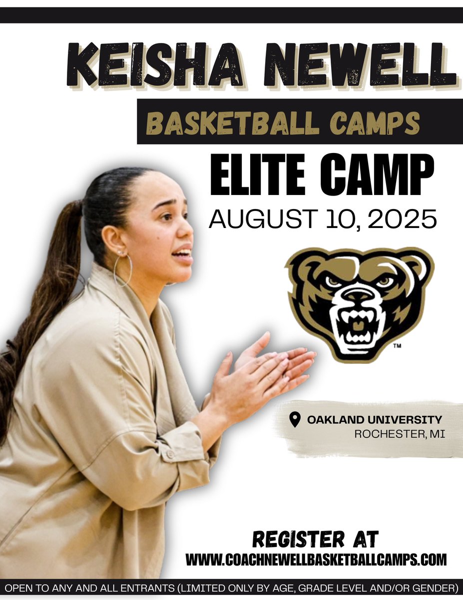 🚨 Elite Camp Alert 🚨 

Ready to take your game to the next level? Join us at the Oakland Women’s Basketball Elite Camp!

🗓️ Date: August 10th
📍 Location: O’Rena at Oakland University

✅ College-level instruction
✅ Live competition

REGISTER HERE ⬇️

coachnewellbasketballcamps.com