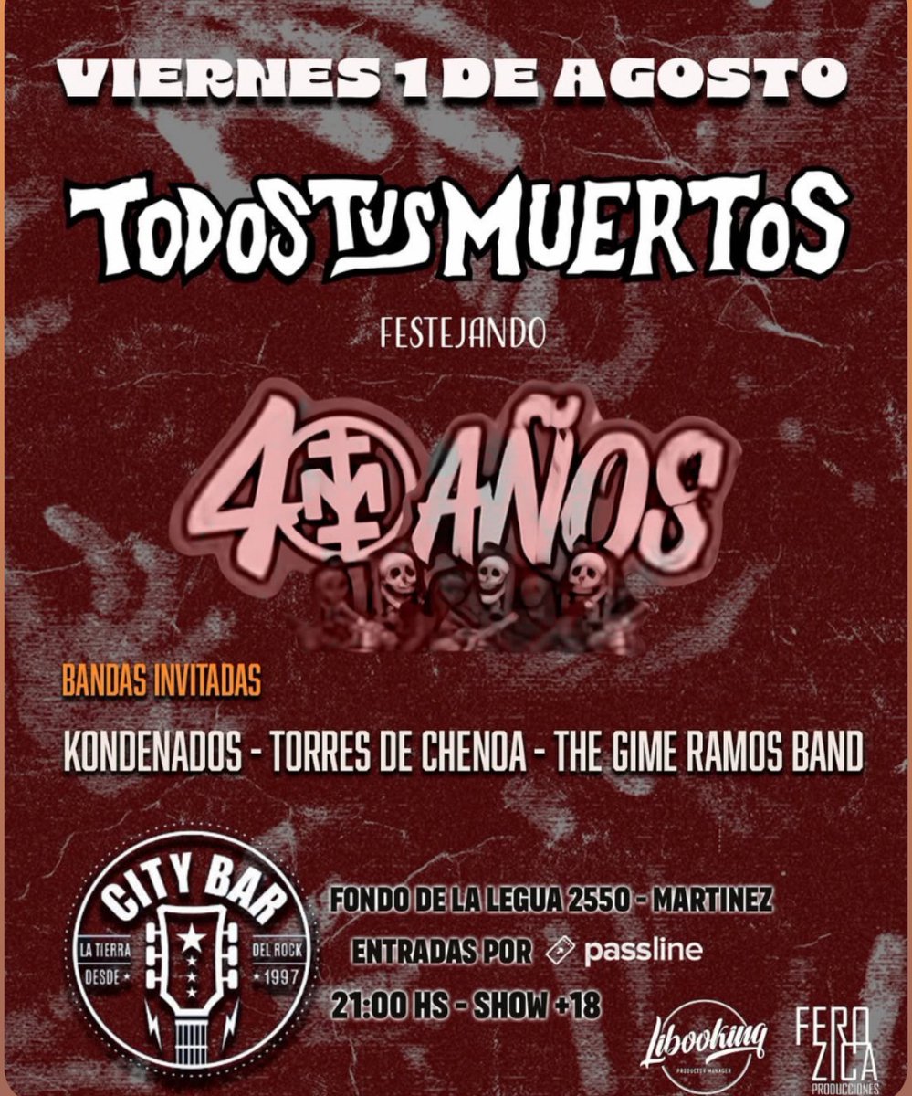 RadioMundoRock's tweet photo. #Fechas 📣 #TodosTusMuertos
🗓️ Viernes 1 de agosto
📍City Bar, , Av. Fondo de la Legua 2550, Martínez
#MundoRockRadio #RockPunk 🔺#Videos #Fechas #Info
🔺24 hs #PunkRock #Difusión https://t.co/rt2r8JZt7J