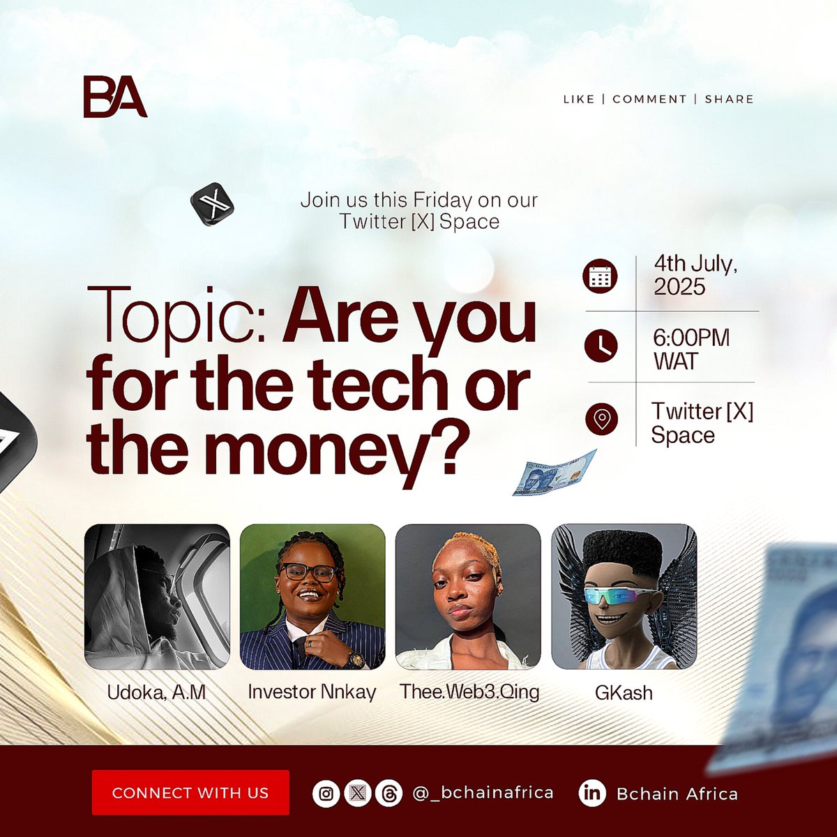 _bchainafrica's tweet photo. BCHAIN BANTS is here! 🔥

We're doing it again this Friday, revisiting the pivotal question in the Web3 space: Are you for the Tech or the Money?

This time, we're expanding the conversation to truly dissect the core forces propelling our ecosystem:
📍The groundbreaking work of Onchain Builders crafting Africa's digital future.
📍The market impact and reception of innovative Onchain Products.
📍The vision and purpose of major Web3 events like our upcoming Onchain Festival.
📍The underlying forces that propel their collective growth, and how educational platforms like Lingo empower this evolution.

Join the continued discussion with our insightful speakers:
@Udoka_AM
@InvestorNnKay 
@QingTheCreator_
@Only1Gkash

Prepare to challenge your perspectives and gain fresh insights into what truly fuels Africa's blockchain revolution.

🗓️ Date: Friday, July 4th, 2025
⏰ Time: 6:00 PM WAT
📍 Location: https://t.co/isSWycNPIB (X space) 

Set your reminder and be part of this crucial discussion!

#BchainAfrica #BchainBants #Blockchain #Web3 #TechMoney #OnchainBuilders #OnchainFestival #Lingo #Innovation #Investment #XSpaces #AfricanRenaissance