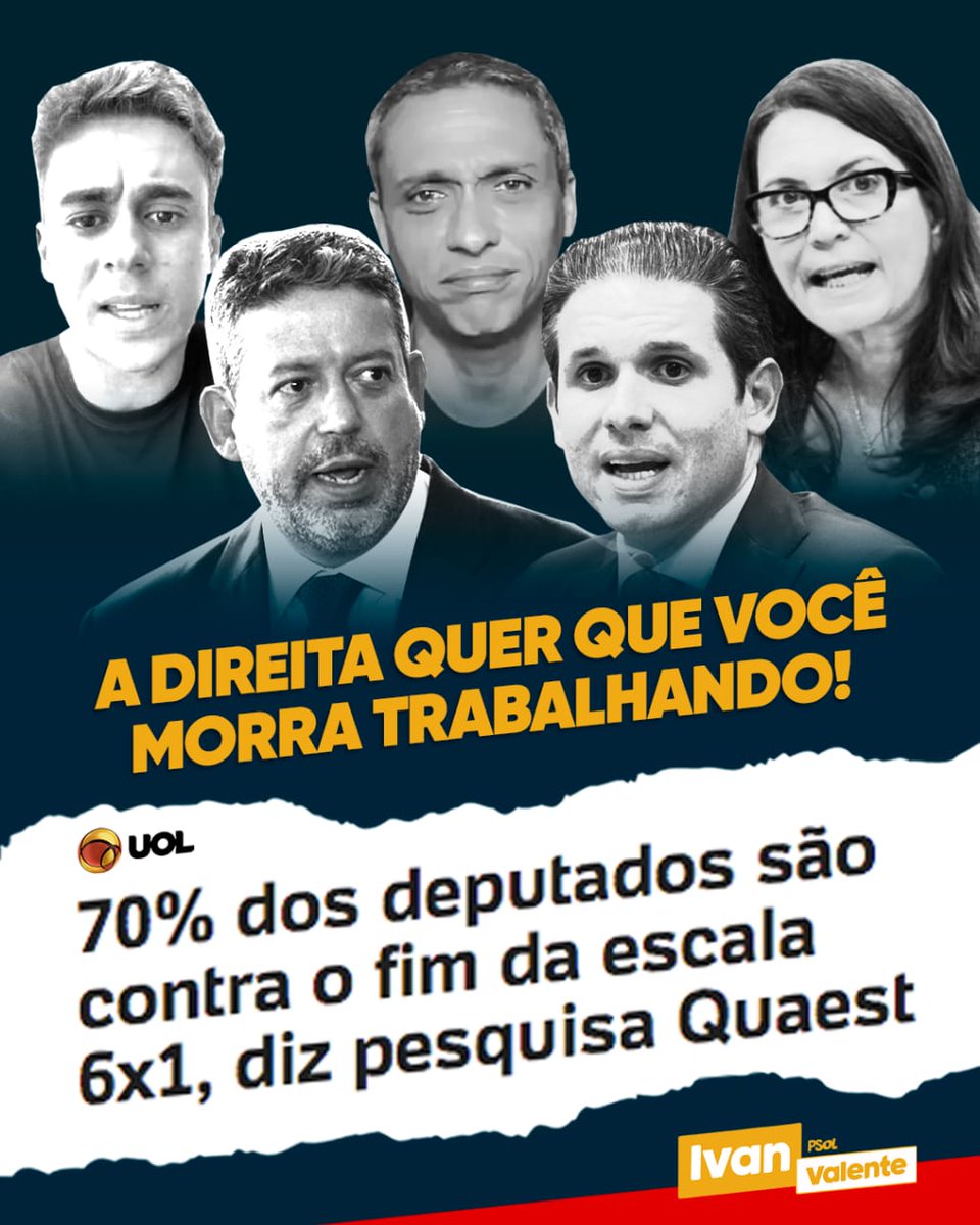IvanValente's tweet photo. A DIREITA ODEIA A CLASSE TRABALHADORA! Segundo pesquisa da Quaest divulgada hoje, 70% dos deputados federais são contra o fim da escala 6 x 1. Oras, quando a gente diz que a direita e o Centrão querem lançar os pobres na miséria, é exatamente disso que estamos falando! https://t.co/uNRn8DfC0X
