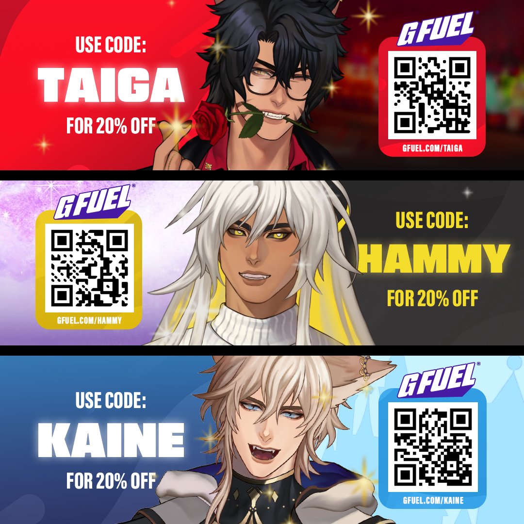 INVICTAVT OFFICIAL (@invictavt) on Twitter photo 📢INVICTA X <a href="/GFuelEnergy/">G FUEL®</a> ‼️
We're proud to announce <a href="/Taiga_Chama/">Taiga Chama 🐈⬛🍷INVICTA</a> <a href="/Harmony_Kyrus/">Harmony Kyrus 💫✨INVICTA</a> <a href="/KaineKnight_/">Kaine Knight 🐺⚔ INVICTA</a> are officially partnered with GFUEL!
Get 20% off your order using either TAIGA, HAMMY, or KAINE at check out! You can also scan the QR codes below!
IVT flavors + shakers one day? 😳💦 📢INVICTA X <a href="/GFuelEnergy/">G FUEL®</a> ‼️
We're proud to announce <a href="/Taiga_Chama/">Taiga Chama 🐈⬛🍷INVICTA</a> <a href="/Harmony_Kyrus/">Harmony Kyrus 💫✨INVICTA</a> <a href="/KaineKnight_/">Kaine Knight 🐺⚔ INVICTA</a> are officially partnered with GFUEL!
Get 20% off your order using either TAIGA, HAMMY, or KAINE at check out! You can also scan the QR codes below!
IVT flavors + shakers one day? 😳💦