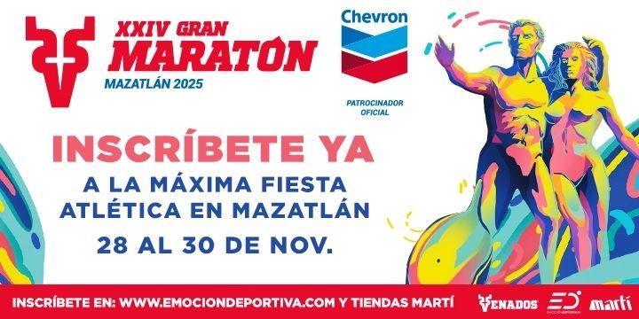 Emoción Deportiva (@emociond) on Twitter photo Inscríbete al XXIV Gran Maratón Chevron Mazatlán 2025 🏃🌊
✅ 5K y 10K | buff.ly/lZKVb80, 21K y 42K | buff.ly/TqeN9ZY, en Tiendas Martí o en las Oficinas del Estadio Teodoro Mariscal.
¡Celebra con nosotros en la Máxima Fiesta Atlética de Mazatlán! Inscríbete al XXIV Gran Maratón Chevron Mazatlán 2025 🏃🌊
✅ 5K y 10K | buff.ly/lZKVb80, 21K y 42K | buff.ly/TqeN9ZY, en Tiendas Martí o en las Oficinas del Estadio Teodoro Mariscal.
¡Celebra con nosotros en la Máxima Fiesta Atlética de Mazatlán!