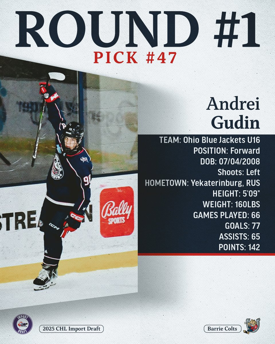 The Barrie Colts are proud to select Andrei Gudin 🇷🇺

Welcome to Colts Country, Andrei!

#GiddyUp | #CHLImportDraft