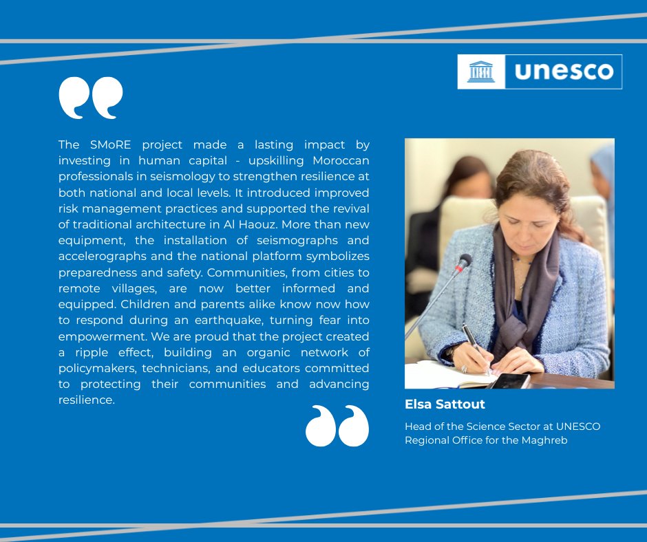 UNESCO Maghreb (@unesco_maghreb) on Twitter photo Investing in human skills, technological tools, and architectural heritage has strengthened earthquake resilience in #Morocco.
Morocco–Japan: A long-term partnership for safer futures.
#UNESCOxPartners <a href="/JaponauMaroc/">Ambassade du Japon au Maroc/ 在モロッコ日本国大使館</a> #SMoRE Investing in human skills, technological tools, and architectural heritage has strengthened earthquake resilience in #Morocco.
Morocco–Japan: A long-term partnership for safer futures.
#UNESCOxPartners <a href="/JaponauMaroc/">Ambassade du Japon au Maroc/ 在モロッコ日本国大使館</a> #SMoRE