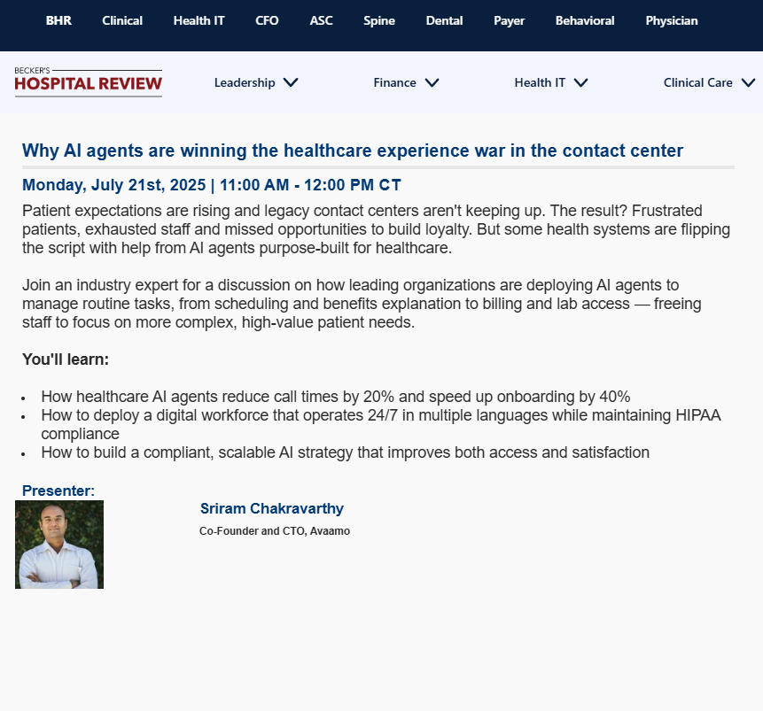 AI_4_Healthcare's tweet photo. July 21 #AIEventAlert: Why AI agents are winning the healthcare experience war in the contact center?
#AgenticAI #AIinHealthcare
@BeckersHR
https://t.co/U74dC2CmzQ https://t.co/YUFTo53JKL