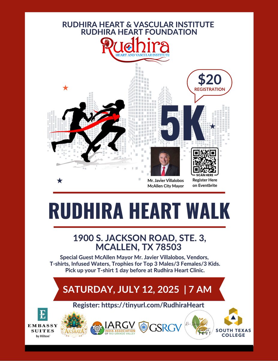 LisaKillion's tweet photo. Excited to support the Rudhira Heart Walk on July 12! A 5K filled with purpose, heart health awareness, &amp; community spirit. First 200 get free shirts, plus vendors, trophies &amp; more! 🏃‍♀️💓 #RudhiraHeartWalk #HeartHealth #McAllenEvents https://t.co/1kEci3XNTR