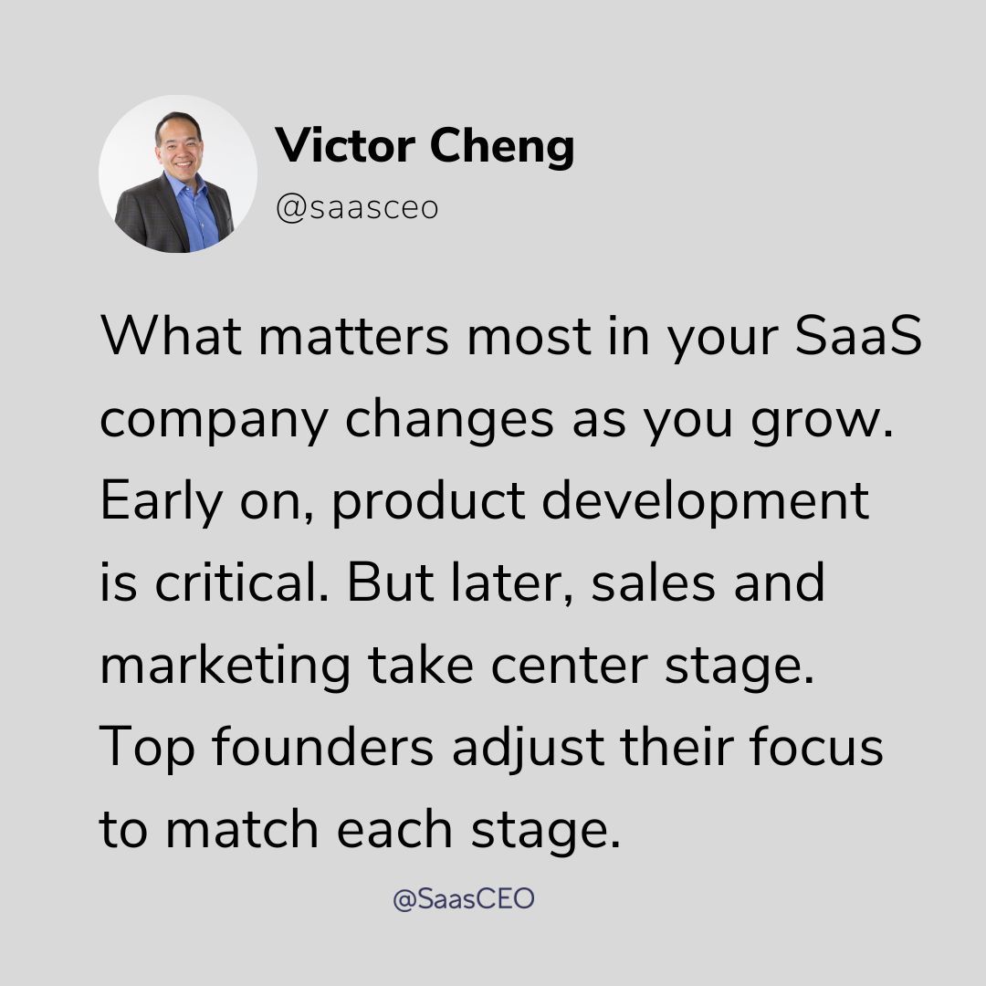 VictorCheng's tweet image. What matters most in SaaS shifts as you grow:
🔹 Early = Product
🔹 Later = Sales &amp;amp; Marketing
Top founders evolve their focus with each stage.

SaaSCEO.com/social

#SaaS #StartupLeadership #FounderAdvice #ScalingStartups