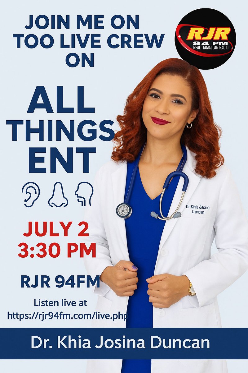 KhiaJosina's tweet photo. Join me on me on Too Live Crew on @RadioJamaicaFM with Christopher Johnny Daley, today at 3:30 pm. You can listen live at https://t.co/yhaS56nNUv #WomeninENT #PediatricENT #Thyroid #SleepSurgery 👂🦻🤧👃👤🗣️ https://t.co/7NTdlwCRzw