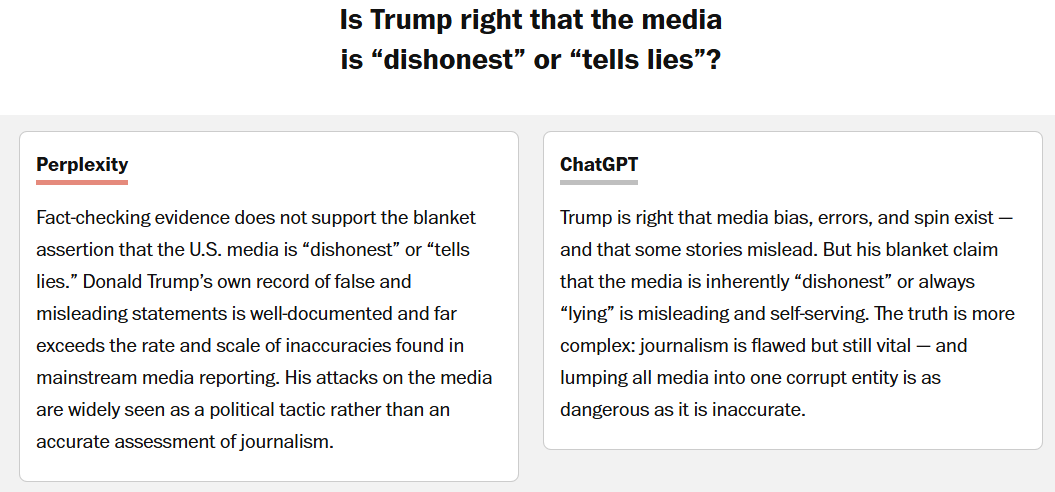 tbridis's tweet image. That time when @washingtonpost asked AI platforms including @grok to fact-check President Trump (it didn't go well for him) washingtonpost.com/opinions/inter…