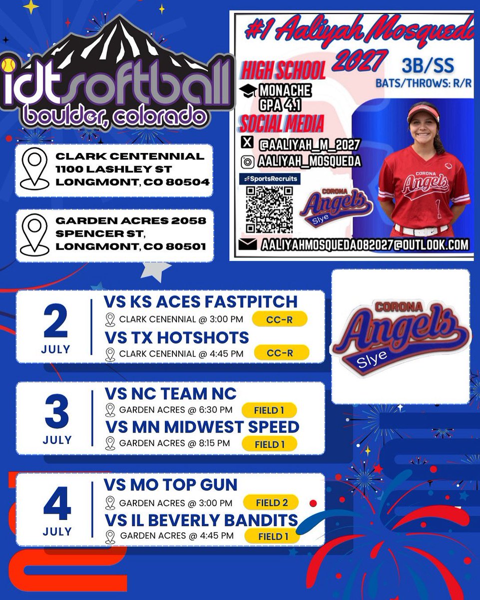 Aaliyah Mosqueda (@aaliyah_m_2027) on Twitter photo It’s IDT time! All games will be played at Clark Centennial and Garden Aces in Longmont CO.
@StriveSoftball
<a href="/NLrecruit/">Next Level Recruiting Resources</a>
<a href="/TCSFastpitch/">TC Fastpitch</a> <a href="/thealliancefp/">The Alliance Fastpitch</a> <a href="/PCFLfastpitch/">Pacific Coast Fastpitch League | PCFL</a> <a href="/D1Softball/">D1Softball</a> <a href="/DirectRecruits/">Direct Recruits</a> <a href="/ExtraInningSB/">EXTRA INNING SOFTBALL</a> <a href="/CoastRecruits/">Coast 2 Coast Recruits</a> <a href="/SoftbalAmerica/">Softball America</a> <a href="/IHartFastpitch/">I❤️Fastpitch</a> <a href="/nxt1sports/">NXT 1</a> <a href="/SBRRetweets/">Softball Recruiting Reposts</a> It’s IDT time! All games will be played at Clark Centennial and Garden Aces in Longmont CO.
@StriveSoftball
<a href="/NLrecruit/">Next Level Recruiting Resources</a>
<a href="/TCSFastpitch/">TC Fastpitch</a> <a href="/thealliancefp/">The Alliance Fastpitch</a> <a href="/PCFLfastpitch/">Pacific Coast Fastpitch League | PCFL</a> <a href="/D1Softball/">D1Softball</a> <a href="/DirectRecruits/">Direct Recruits</a> <a href="/ExtraInningSB/">EXTRA INNING SOFTBALL</a> <a href="/CoastRecruits/">Coast 2 Coast Recruits</a> <a href="/SoftbalAmerica/">Softball America</a> <a href="/IHartFastpitch/">I❤️Fastpitch</a> <a href="/nxt1sports/">NXT 1</a> <a href="/SBRRetweets/">Softball Recruiting Reposts</a>
