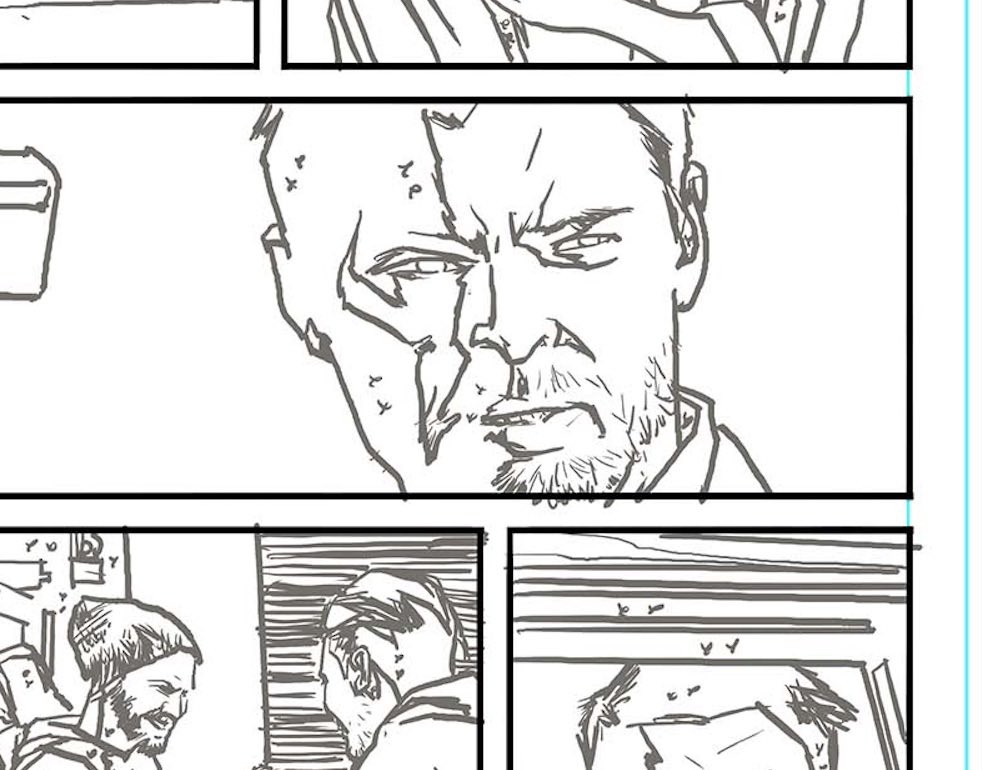 kenknudtsen's tweet image. Recent pencil panels I liked drawing for the new thing as #productiveken sips some tea and listens to The Knux.