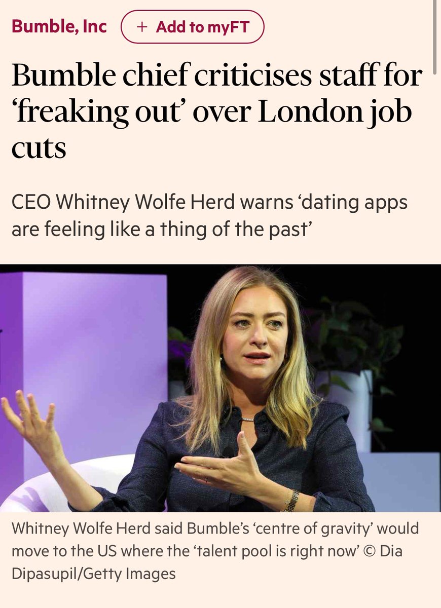 Costas Mourselas (@costasmourselas) on Twitter photo “London’s not the first choice, that’s the frank reality”.
Bumble chief executive Whitney Wolfe Herd has criticised staff for “freaking out” after announcing the company would eliminate more than 160 roles in London.
Latest from <a href="/kieran_jsmith/">Kieran Smith</a> and me “London’s not the first choice, that’s the frank reality”.
Bumble chief executive Whitney Wolfe Herd has criticised staff for “freaking out” after announcing the company would eliminate more than 160 roles in London.
Latest from <a href="/kieran_jsmith/">Kieran Smith</a> and me