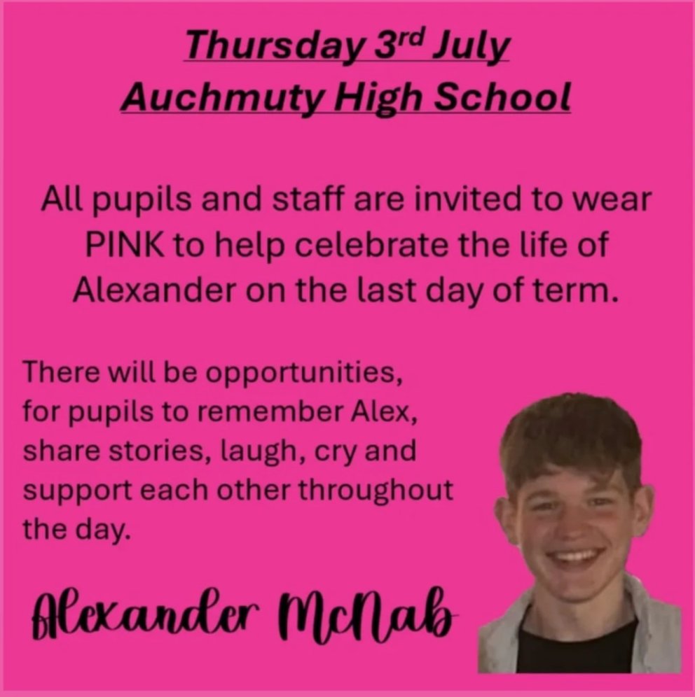 All pupils and staff are invited to wear PINK to help celebrate the life of Alexander on Thursday. There will also be a book of remembrance in A013 where anyone from the school community can leave a tribute. Our thoughts, prayers and support remain with his family. 🩷