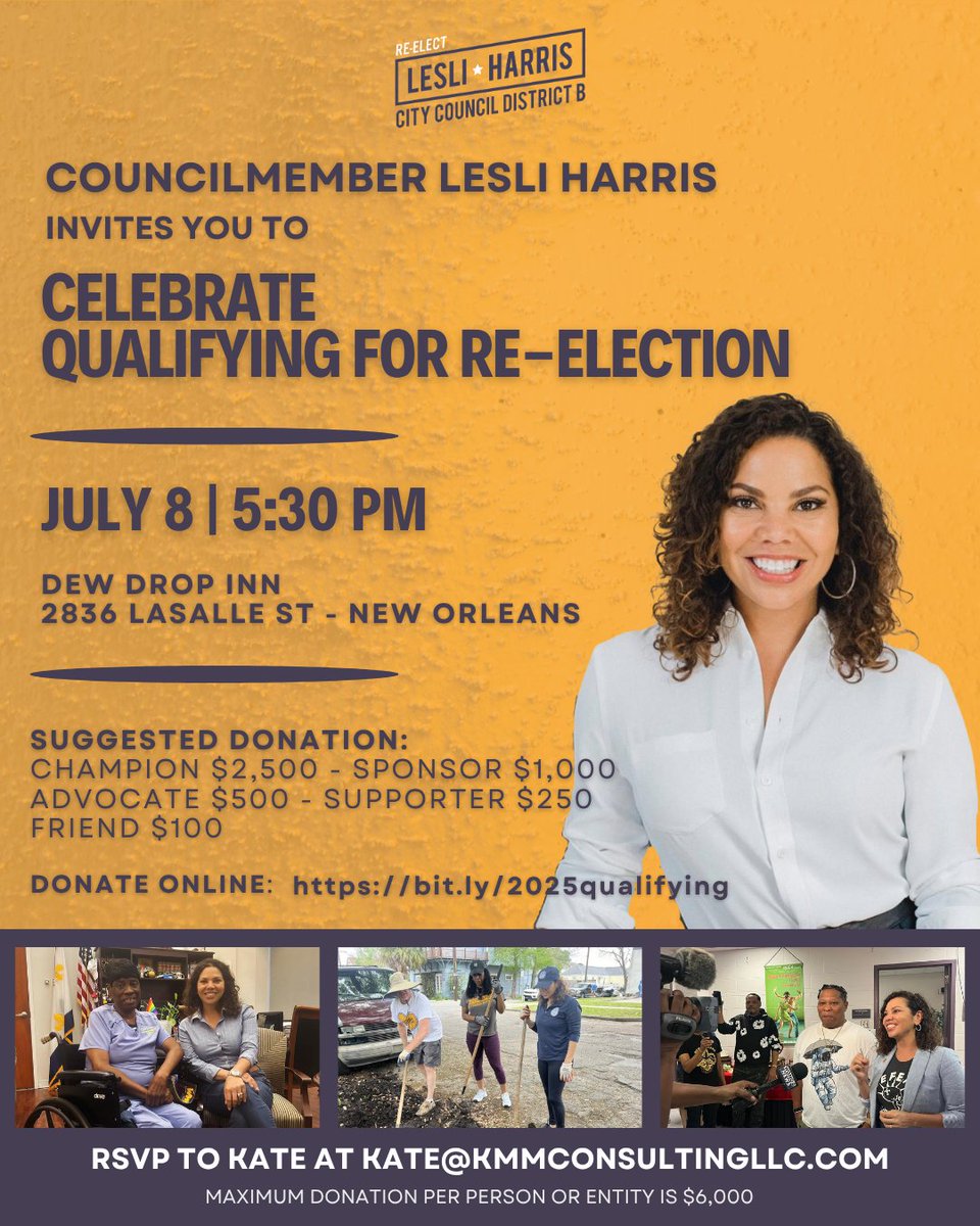 lesliharris's tweet photo. YOU'RE INVITED! 🎉

Join me at Dew Drop Inn on Tuesday to celebrate qualifying for re-election as your District B Councilmember 💛💜

📆Tuesday, July 8th
⏰5:30 PM
📍2836 LaSalle Street https://t.co/PFo82AQuv9