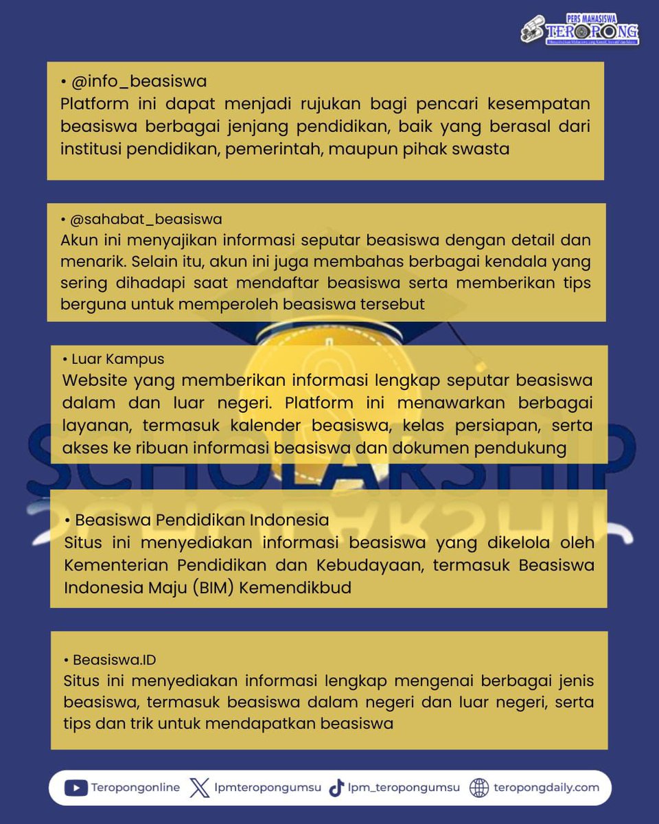 Halo Sobat Pong-pong! Di era digital seperti sekarang, mencari informasi beasiswa tidak lagi terbatas pada pengumuman di sekolah atau kampus. Saat ini, banyak situs daring yang menyediakan akses mudah untuk menemukan berbagai peluang —Baca selengkapnya di teropongdaily.com/rekomendasi-pl…
