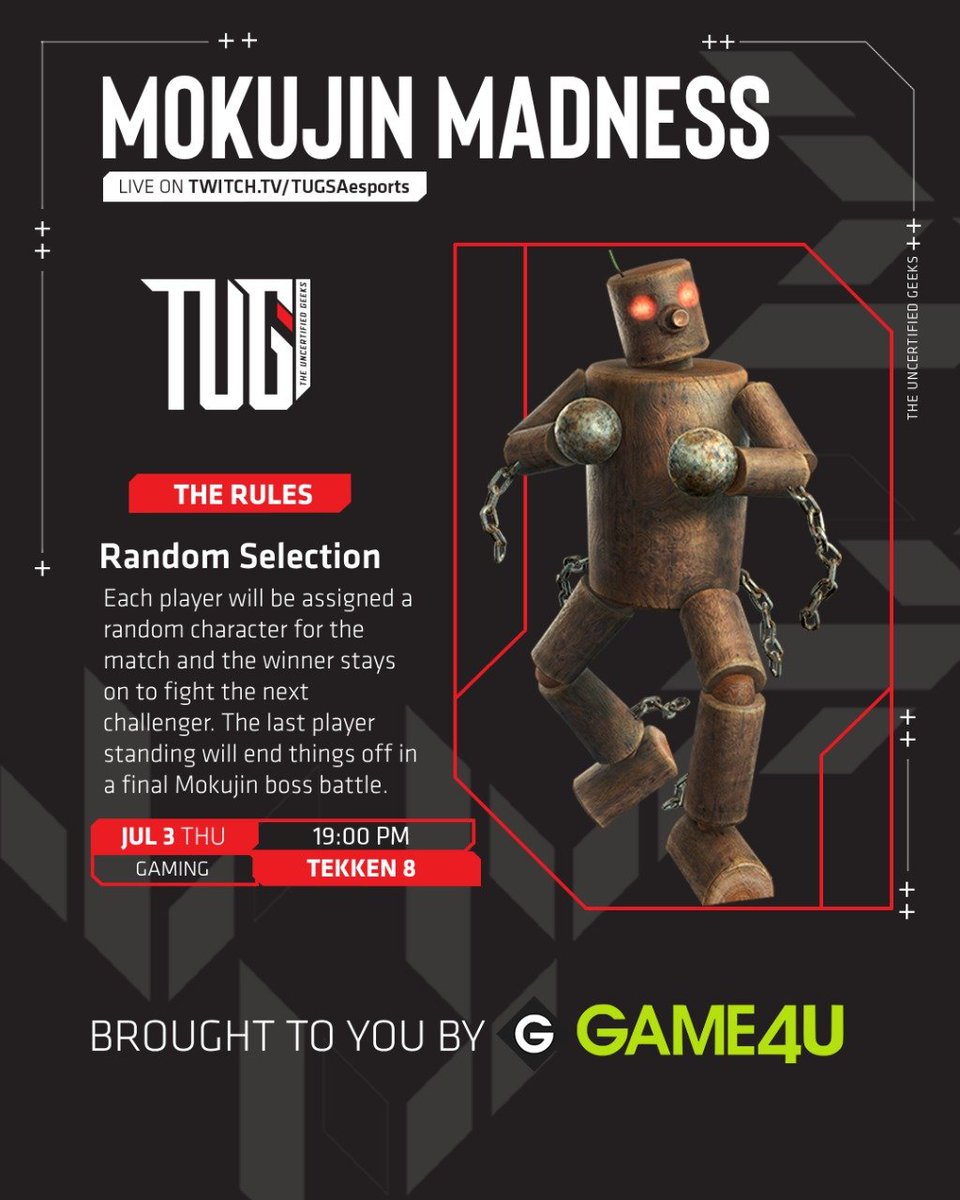 MOKUJIN MADNESS IS BACK!! 🥳

Tug is bringing back one of our old favourites in this random select KOTH tournament

Make sure to tune in at 
twitch.tv/tugsaesports
<a href="/Game4U_ZA/">Game 4U</a>