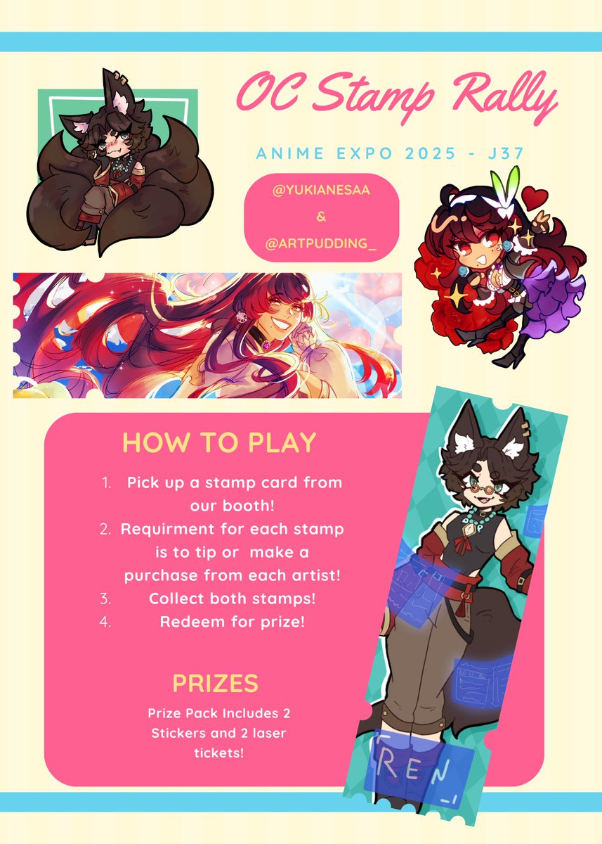 here is the official stamp sheet with our rules!! just come up to the table, make a purchase or give us a tip, and we'll give you stamps, stickers, and laser tickets of our original characters 🥺🫶💖