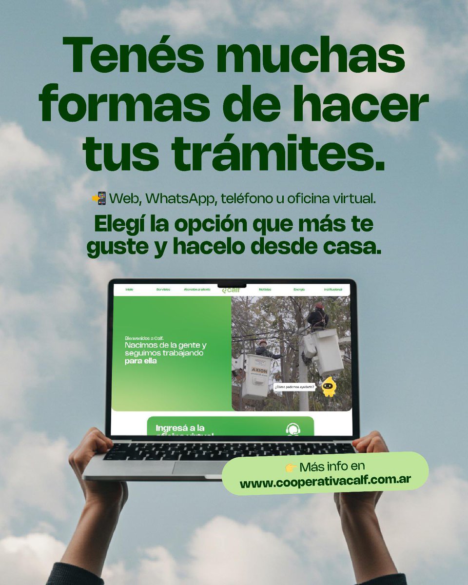 ¡Hacé tus trámites sin moverte de casa!

En CALF te ofrecemos múltiples formas de atención para que elijas la que más te convenga:
💻 Web | 💬 WhatsApp | 📞 Teléfono | 🌐 Oficina Virtual

🟢 Rápido, fácil y a tu alcance.
👉 Más info en cooperativacalf.com.ar

#Calf #Neuquén