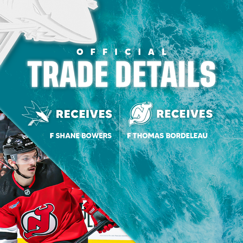 SanJoseSharks's tweet photo. 🔁 The #SJSharks have acquired Shane Bowers from the Devils.