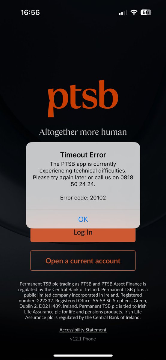 AndrewHoey2's tweet photo. @AskPTSB My PTSB app hasn’t been working for a number of days. I’ve deleted and reinstalled and still doesn’t work. Same error keeps appearing. What is going on with it? https://t.co/HzN1jJxDWv