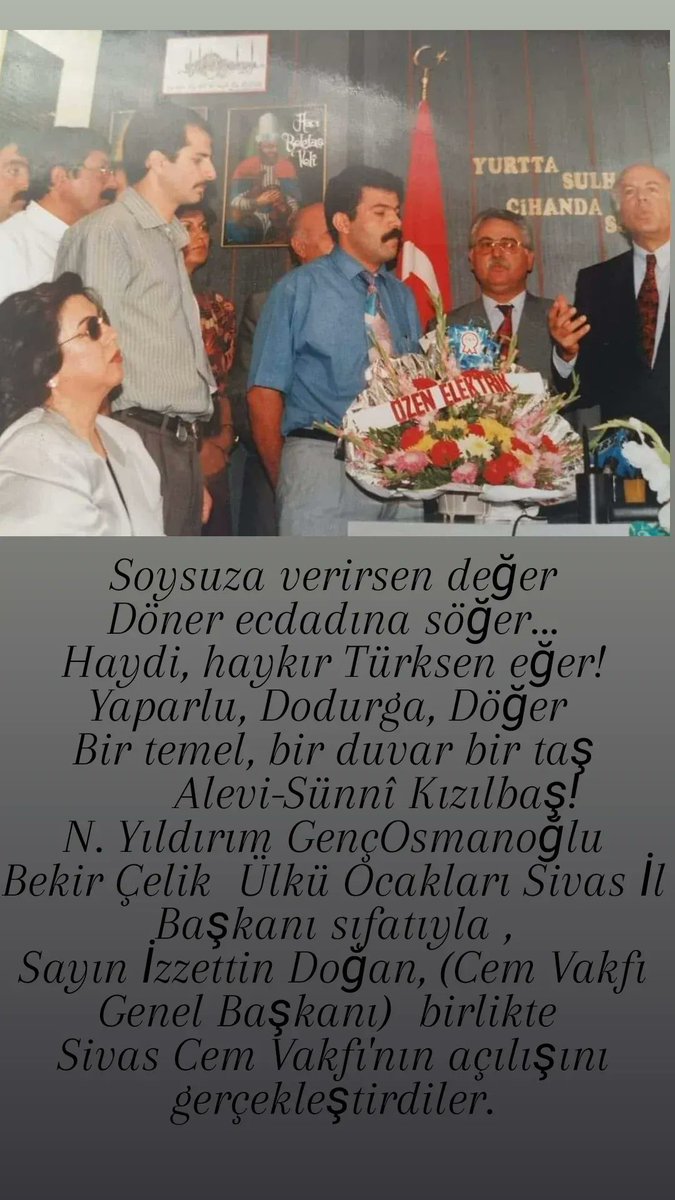 Ta ezelden hür milletiz,
Soyu-sopu gür milletiz,
Kandan, candan bir milletiz,
Bir temel, bir duvar, bir taş
     Alevi,Sünnî, Kızılbaş!
Aynı mayadan yoğrulur,
"Türk", Türkmen diye çağrılır
Aynı kıbleye doğrulur...
Secdeye konan aynı baş
      Alevi- Sünnî- Kızılbaş!