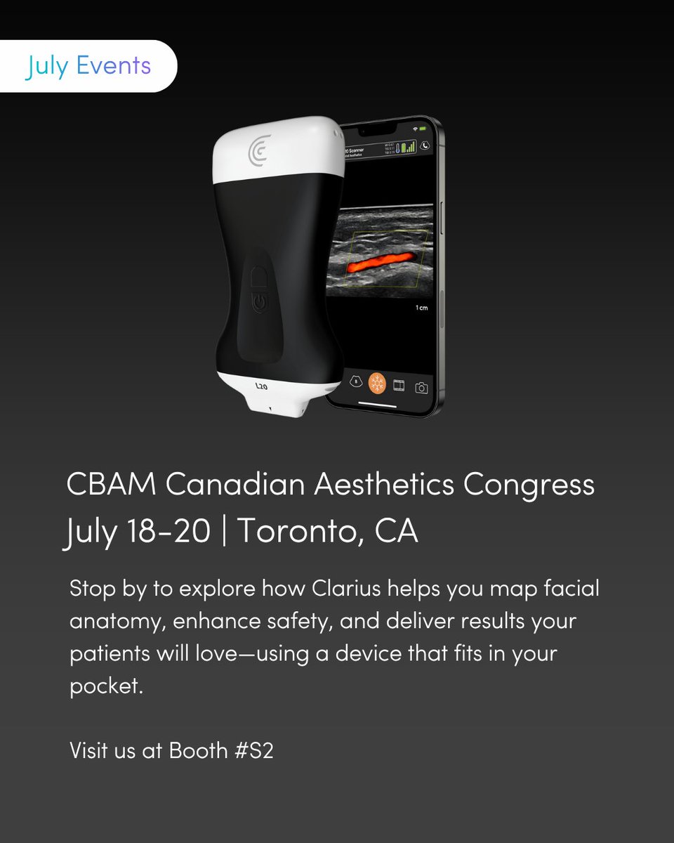 Heading to San Diego or Toronto this July?
📍 Meet us at AIA Bootcamp or CBAM Aesthetics Congress July 18–20 to see Clarius in action! Discover how wireless ultrasound enhances safety + results in aesthetic medicine.
#ClariusUltrasound #FacialAesthetics #AestheticEvents #POCUS