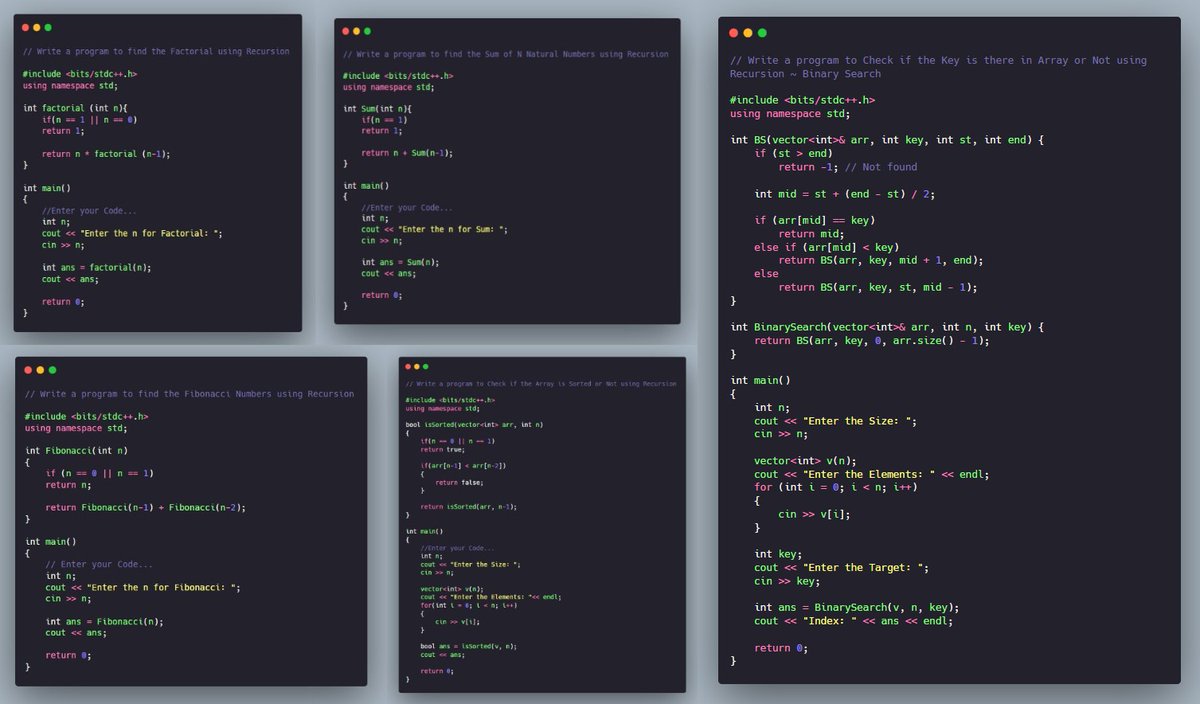 Naman_codes's tweet photo. #Day3 – DSA &amp; Recursion Progress
Solved recursion problems on LeetCode &amp; GeeksforGeeks:
-> Factorial
-> Sum of n numbers
-> Fibonacci
-> Array Sorted Check
-> Binary Search (recursion)

Getting more comfortable breaking problems into smaller parts!
#100DaysOfCode #DSA #github https://t.co/aMHKH9vUNb