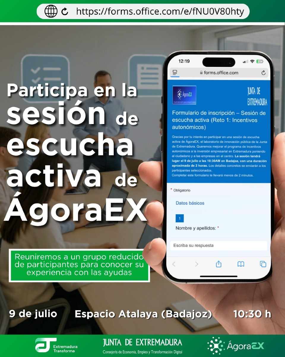 Extremadura Empresarial (@empresa_ext) on Twitter photo 🚀 ¡Lanzamos el Reto 1 de ÁgoraEX!
✅ ¿Has intentado solicitar ayudas públicas y te has encontrado con trámites complejos? Este reto es para ti.
👉 ÁgoraEX es el nuevo laboratorio de innovación pública de la Junta de Extremadura, un espacio de encuentro entre la Administración, 🚀 ¡Lanzamos el Reto 1 de ÁgoraEX!
✅ ¿Has intentado solicitar ayudas públicas y te has encontrado con trámites complejos? Este reto es para ti.
👉 ÁgoraEX es el nuevo laboratorio de innovación pública de la Junta de Extremadura, un espacio de encuentro entre la Administración,
