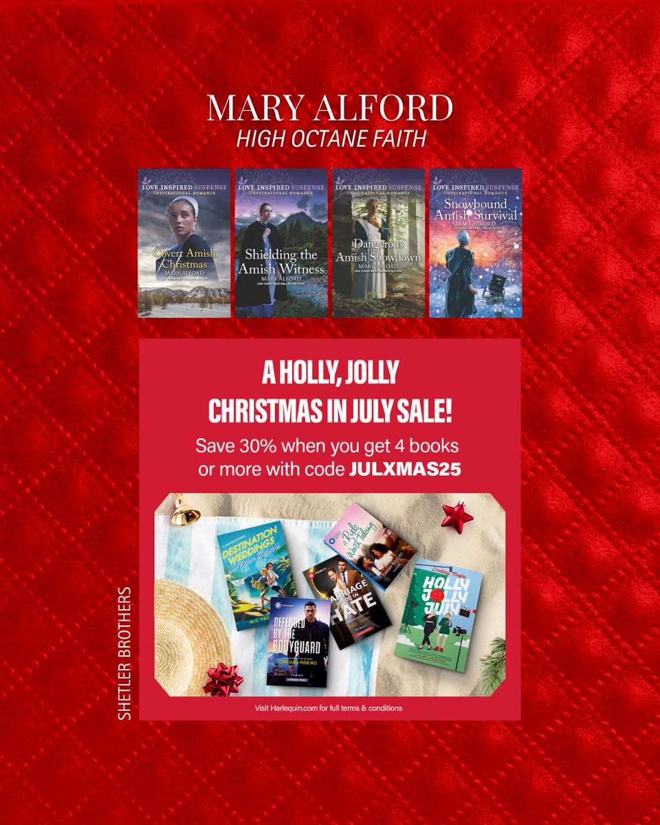 Save 30% on 4+ books with code JULXMAS25 at Harlequin through July 31! The Shelter Brothers series brings danger, redemption, and romance to Amish country.

Start reading: harlequin.com

#MaryAlford #ShelterBrothers #LoveInspiredSuspense