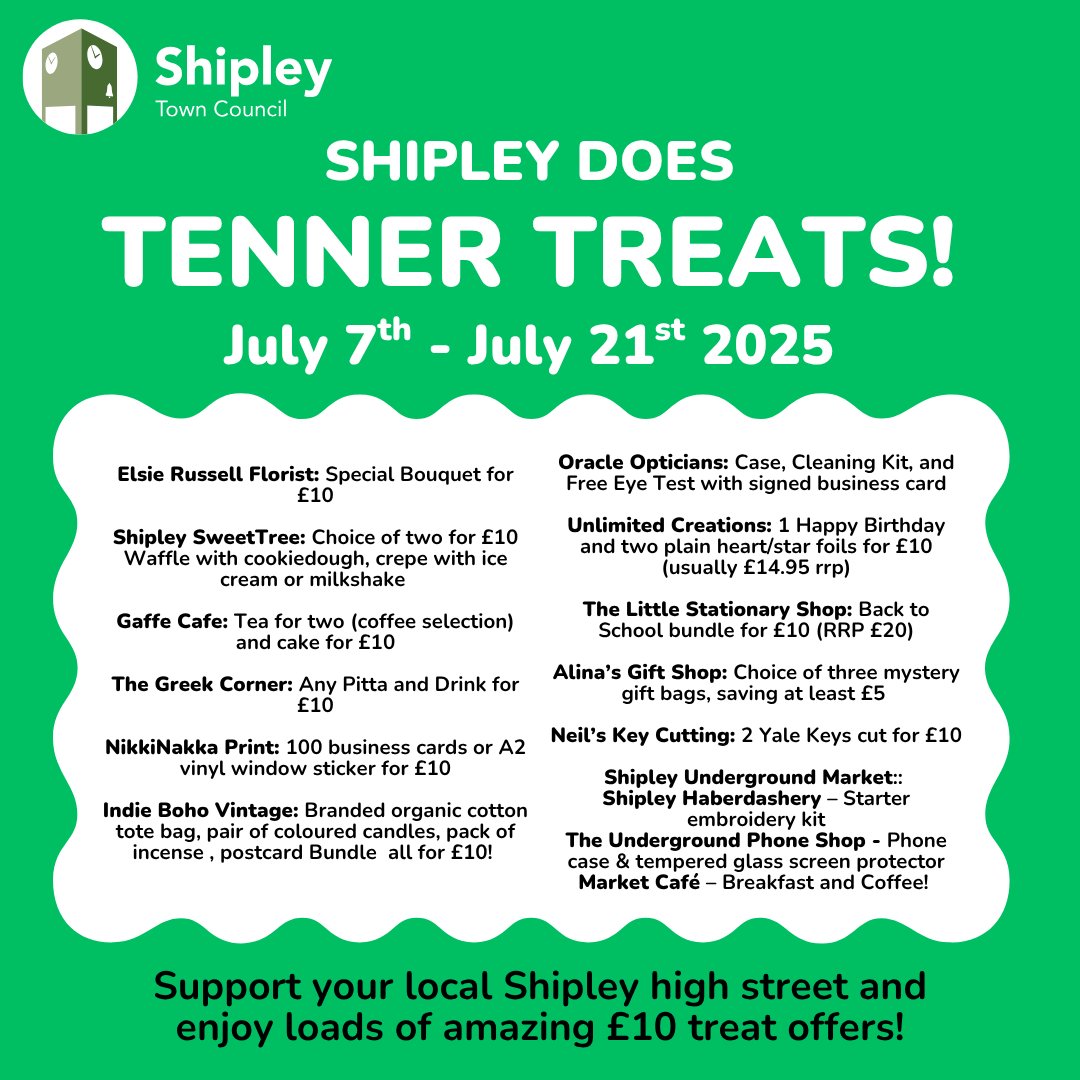 ShipleyTC's tweet image. Shipley Does Tenner Treats is back on Monday!
To celebrate Independent Retailer Month we have a range of indie businesses offering some fantastic £10 treats for you to enjoy! Please show your support. Look out for the bright green posters in the windows of participating retailers