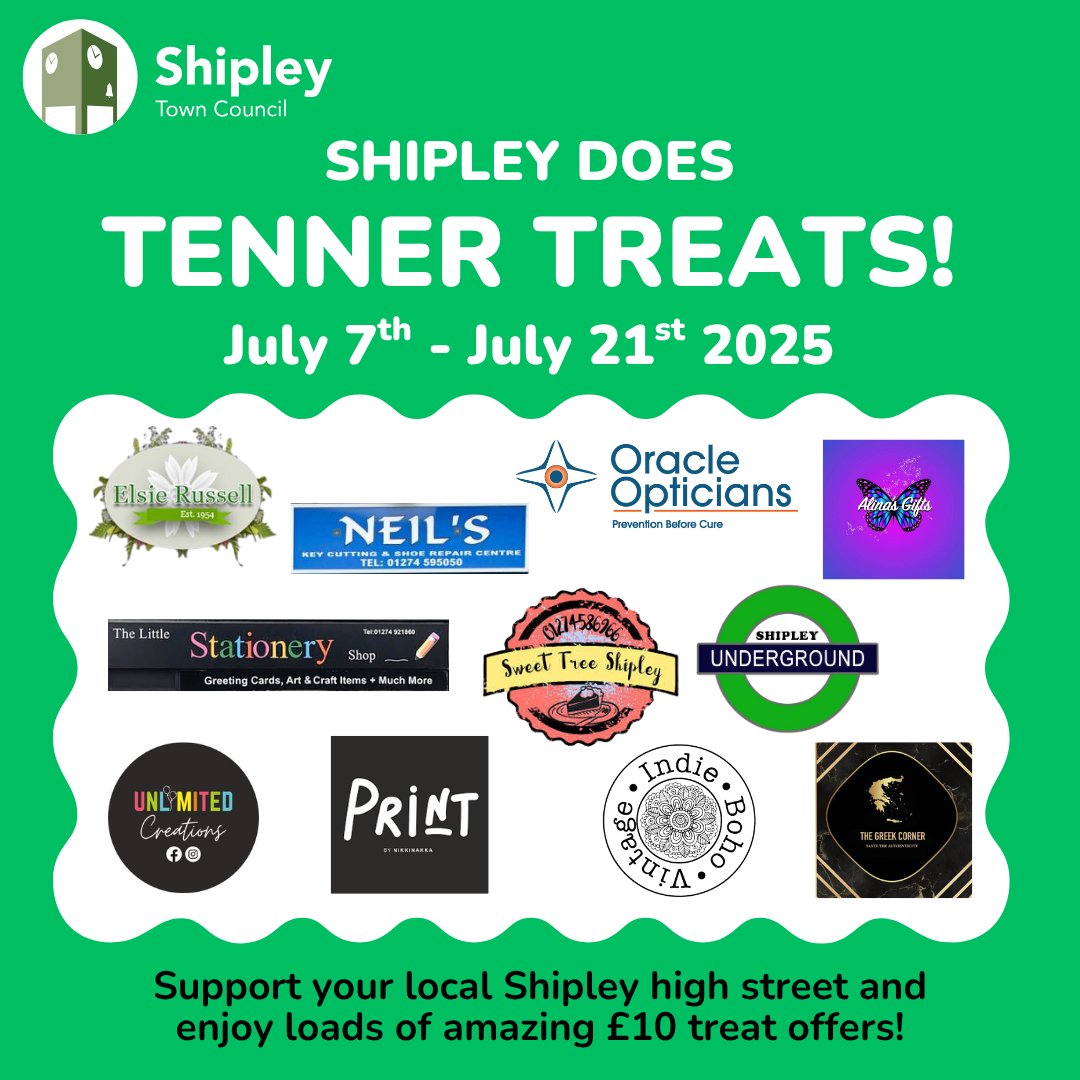 ShipleyTC's tweet image. Shipley Does Tenner Treats is back on Monday!
To celebrate Independent Retailer Month we have a range of indie businesses offering some fantastic £10 treats for you to enjoy! Please show your support. Look out for the bright green posters in the windows of participating retailers