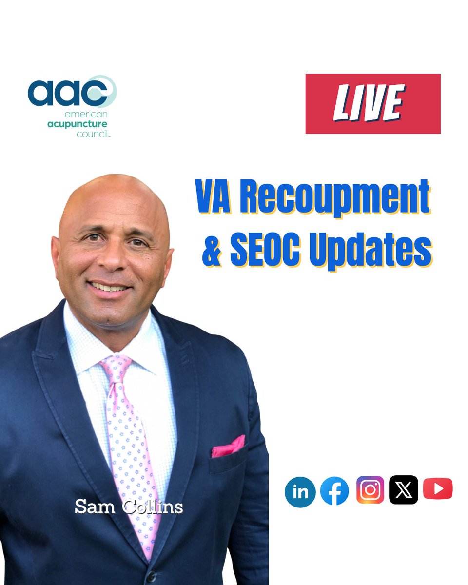TopAcupuncture's tweet image. Join us Live today, July 2nd at 1:00 PM ET.
Sam Collins  PRESENTS:
VA Recoupment &amp;amp; SEOC Updates👍👊🕐📹🔉
Live on Twitter: 

VA Recoupment &amp;amp; SEOC Updates
#billingandcoding #cptcoding #ICD #malpracticeinsurance