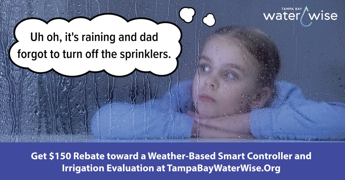 Summer rains are here! Watering while it’s raining wastes water and money, and can have a negative effect on the health of your lawn. 
 
See if you qualify for $150 toward a smart controller to automatically turn off your sprinklers when it rains: TampaBayWaterWise.org/Sprinklers