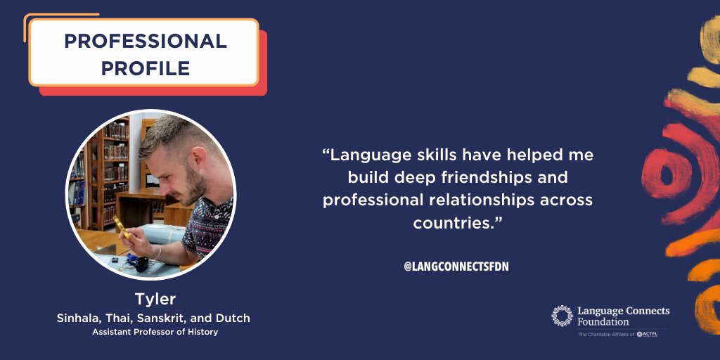 Meet Tyler, an Assistant Professor of History at Virginia Wesleyan University who employs his language skills at home and abroad to unlock research from the early modern period! Learn how he connects with #Sinhala, #Thai, #Sanskrit, and #Dutch at bit.ly/44sT70f