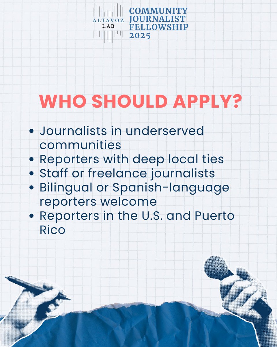 Altavoz_Lab's tweet image. Thinking of applying to the Altavoz Lab Fellowship?
Here’s what you get:
💰 Up to $8K
🤝 Mentorship
📣 Engagement support
🗓 Deadline: July 18
Details: altavozlab.com/community-jour…
#LocalNews #Fellowship #Immigrantcommunities