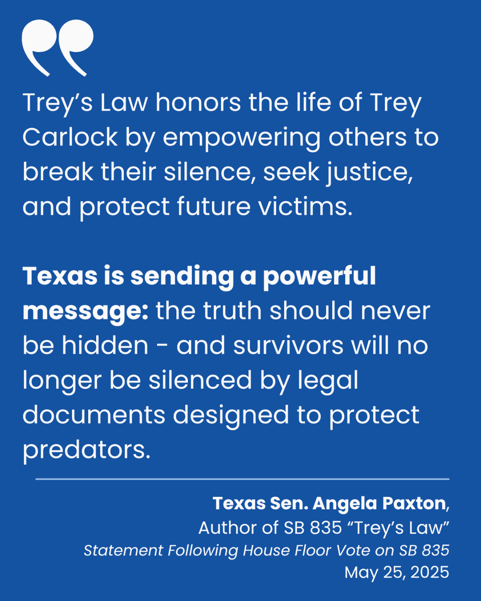 Trey's Law (@treys_law) on Twitter photo Thank you Sen. <a href="/AngelaPaxtonTX/">Senator Angela Paxton</a> for #RememberingTrey and championing #TreysLaw in the #Txlege Senate this session. Learn more at TreysLaw.com.
#NDAFree #StandWithSurvivors #Unsilenced #NoMoreVictims #KanakukAbuse Thank you Sen. <a href="/AngelaPaxtonTX/">Senator Angela Paxton</a> for #RememberingTrey and championing #TreysLaw in the #Txlege Senate this session. Learn more at TreysLaw.com.
#NDAFree #StandWithSurvivors #Unsilenced #NoMoreVictims #KanakukAbuse