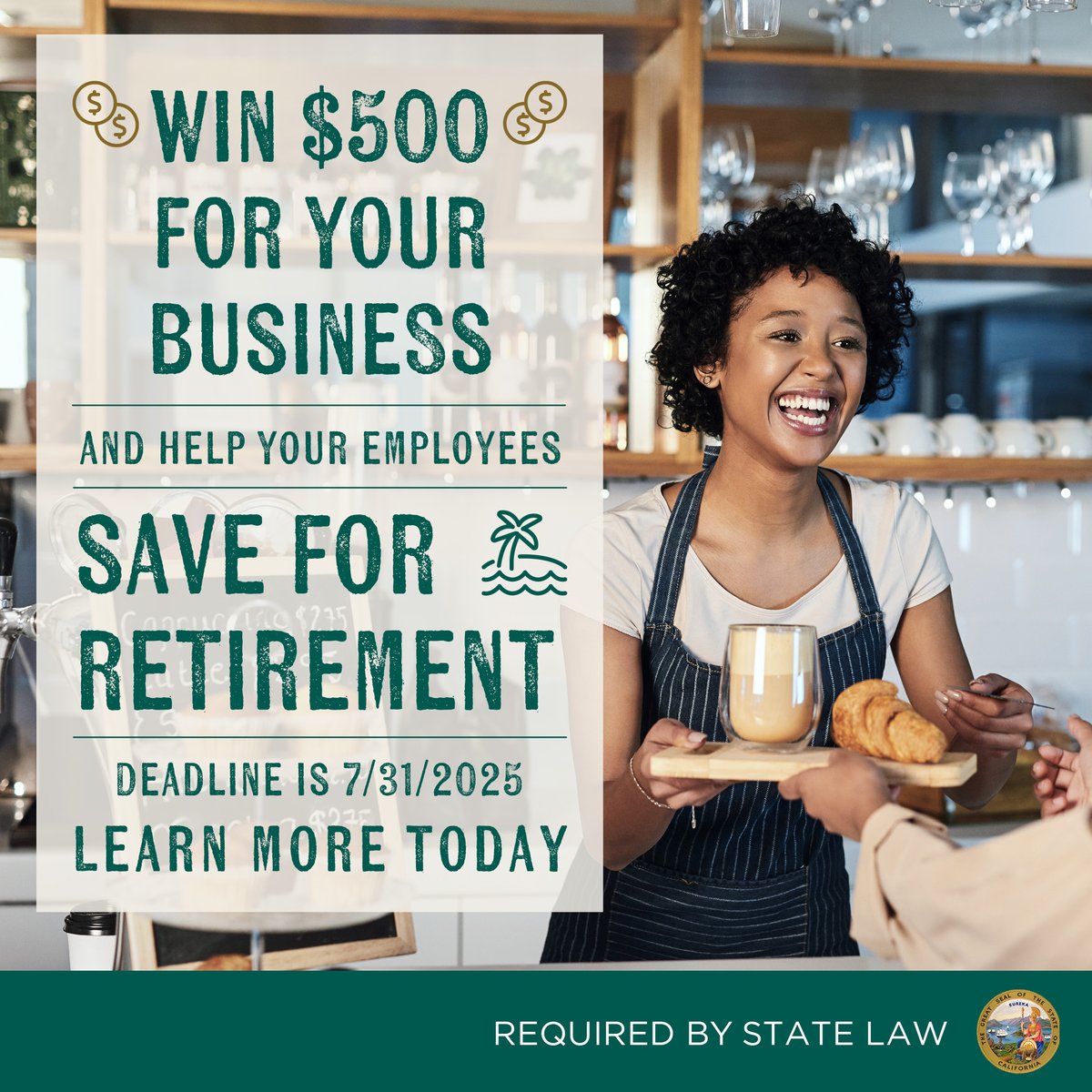 Win $500 for your business and help your employees save for retirement. If you have 1-4 employees in California, register and start facilitating <a href="/CalSavers/">CalSavers</a> by 7/31/2025 for your chance to win. Learn more and register today: bit.ly/3EDYCAA. #calsavers #retirement <a href="/fionama/">Fiona Ma, CPA</a>