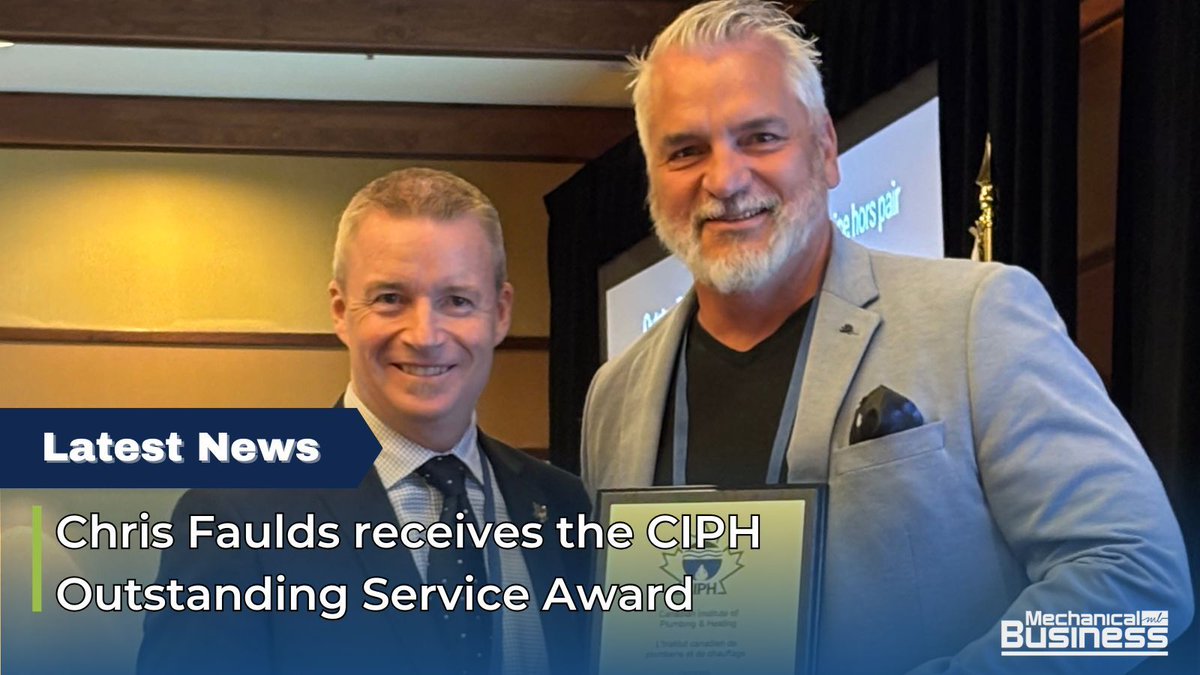 MechBusiness's tweet image. Chris Faulds (R), FGI vice president sales - wholesale North America, received the Outstanding Service Award from Sean Kelly, 2024-2025 CIPH chair, during the recent CIPH Annual Business Conference. 
.
.
.
Read more from the CIPH ABC here: mechanicalbusiness.com/2025/07/02/mik… 
#CIPH #FGI