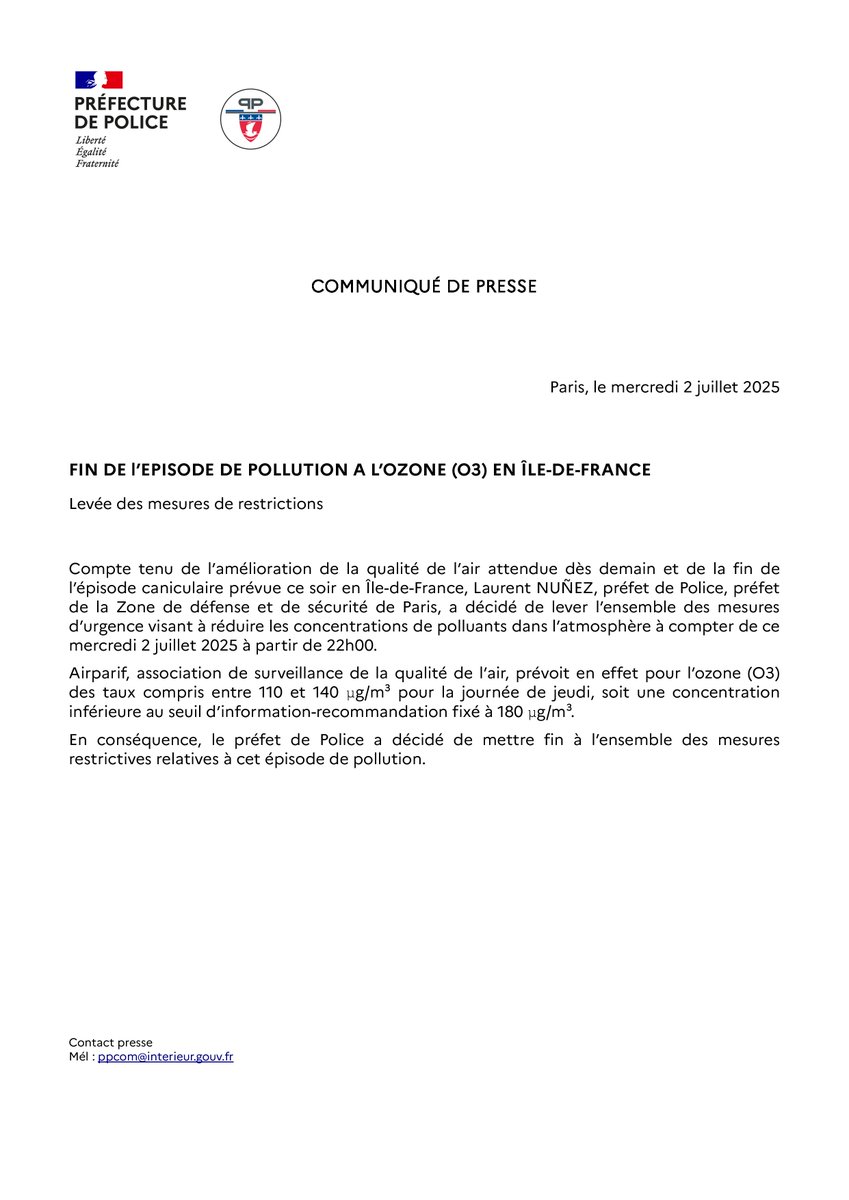 Pollution à l'Ozone (O₃) en Île-de-France :
➡️ Levée des mesures de restriction à compter de ce mercredi 2 juillet 2025 à partir de 22h00.

Consultez notre communiqué de presse 👇