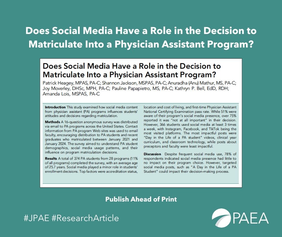 Does social media have a role in PA program admissions? In this #JPAE article, the authors investigate PA student social media use patterns and the influence of social media on PA program matriculation decisions. #SocialMedia #PAEducation

ow.ly/YRjs50WelvE