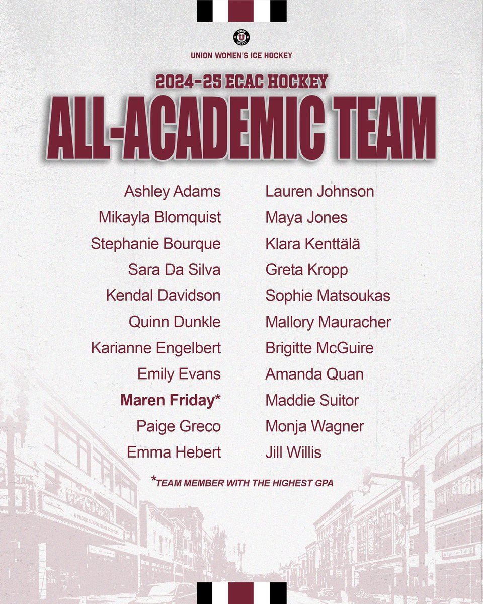 Union Women's Hockey (@unionwhockey) on Twitter photo Record breaking 2๏ธโฃ2๏ธโฃ were named to the 2024-25 <a href="/ecachockey/">ECAC Hockey</a> All-Academic team!
Maren Friday was named to the Commissionerโs List as the teamโs top scholar!
#UnionHockey x #GoU Record breaking 2๏ธโฃ2๏ธโฃ were named to the 2024-25 <a href="/ecachockey/">ECAC Hockey</a> All-Academic team!
Maren Friday was named to the Commissionerโs List as the teamโs top scholar!
#UnionHockey x #GoU