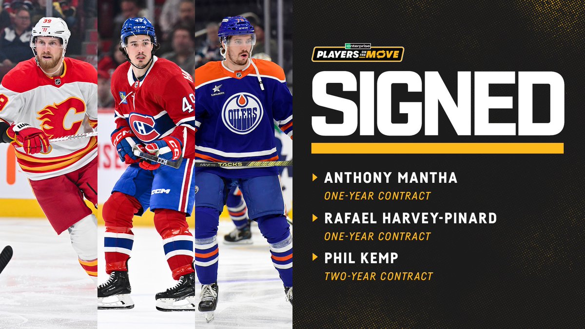 The Penguins have signed forwards Anthony Mantha and Rafael Harvey-Pinard to one-year contracts as well as defenseman Phil Kemp to a two-year contract.

Details: pens.pe/3Tn4Fx9