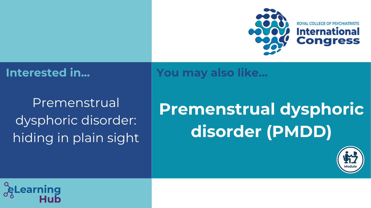Last week, #rcpsychIC hosted a session on Premenstrual dysphoric disorder. 

Interested in learning more about the topic? Check out our PMDD module, which includes an overview of the disorder and first-hand accounts from people with lived experience.

🔗bit.ly/4kkCb2e