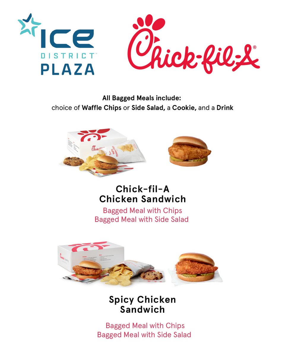 IceDistrict's tweet image. 🍗 IT'S CHICK-FIL-A WEDNESDAY!! 🍗
We've got a sneak peek of today's Chick-Fil-A menu! Don't miss out, today from 11AM-2PM, they're bringing their signature chicken to ICE District Plaza!
Grab your crew, come hungry, and let’s make this a new weekly tradition!