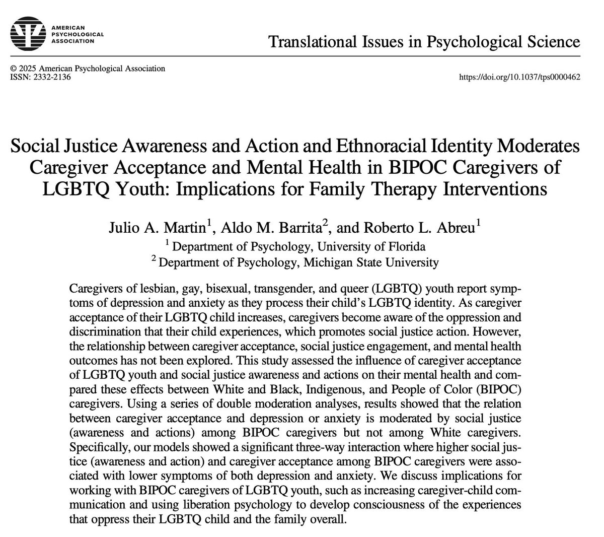 🚨New publication🚨

Social Justice Awareness and Action and Ethnoracial Identity Moderates Caregiver Acceptance and Mental Health in BIPOC Caregivers of LGBTQ Youth
 
#LGBTQYouth  #heterosexism #intersectionality #MentalHealth #MentalHealthMatters 

🔗 Paper