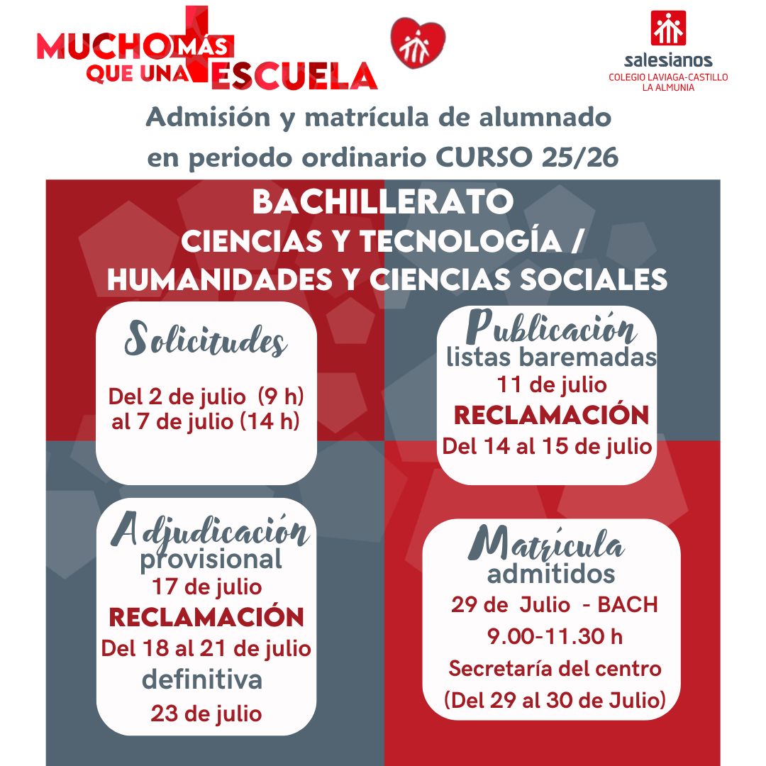 🎓 ¡Abrimos el plazo de admisión para Bachillerato!
📅 Solicitudes del 2 julio (9:00 h) al 7 de julio (14:00 h)
📍 Educación con valores, cercanía y calidad.
Infórmate en nuestro centro o en la web.
#AdmisionesBachillerato  #salesianoslaalmunia #somosfuturo