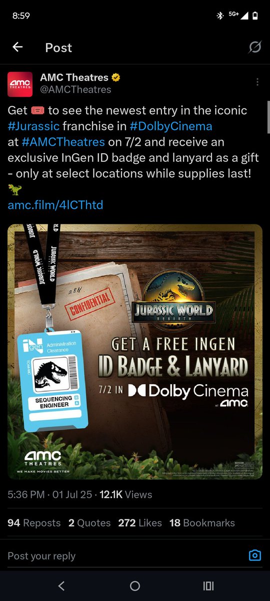 DustyTheApe's tweet image. Watched #jurrasicWorldRebirth๐ฆ this morning. Free Ingen ID Badge & Lanyard๐ท๏ธ. Dino GRIPPER cup๐๏ธ Also my food while watching, cause you can't short Revenue๐คญ WE MAKE MOVIES BETTER!!๐ฆ๐ฟ๐๐๐๐ฟ๐ฆ #AMC @AMCTheatres @CEOAdam #AMCTheatres #Dolby #DolbyCinema #DolbyAtmos #Jurrasic