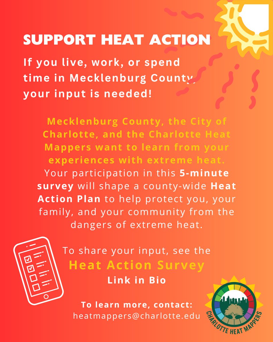 Mecklenburg County, @cltgov, and Charlotte Heat Mappers want to hear about your experiences with extreme heat. Your feedback in this 5-minute survey will shape a county-wide Heat Action Plan. Take the survey today! survey123.arcgis.com/share/2764c50b…